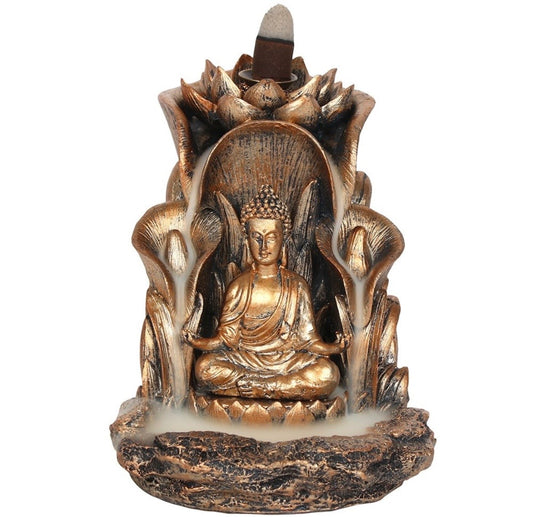 Bronze Buddha back flow incense burner with a pack of cones