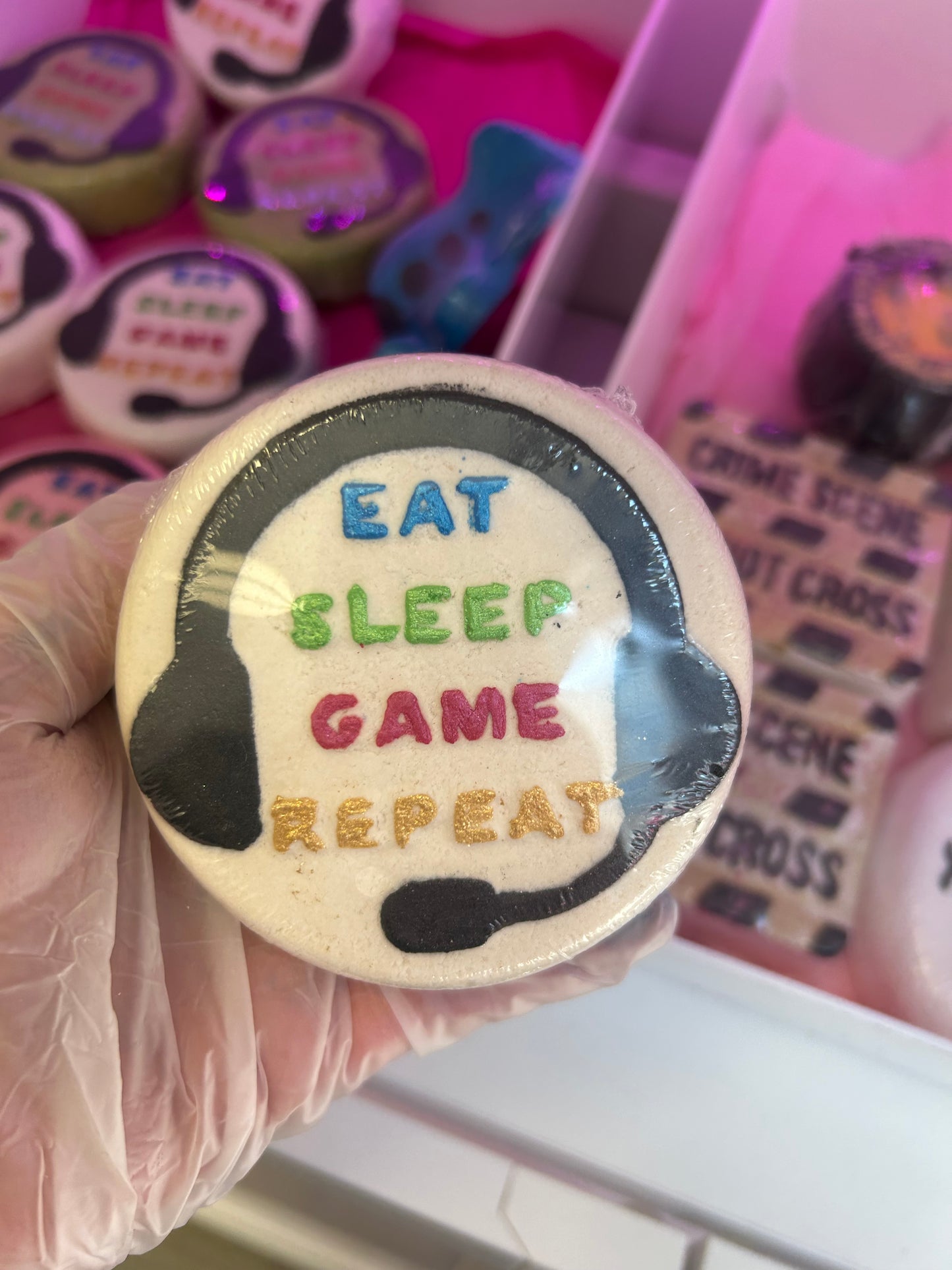 Eat sleep game repeat bath bomb